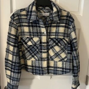 Zara Cropped oversized Plaid Wool Blend Shacket blue/black/cream  Medium NWOT